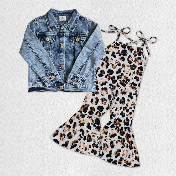 Denim Jacket Cowhide Print Jumpsuit Girls Long Sleeve+Trousers Sets