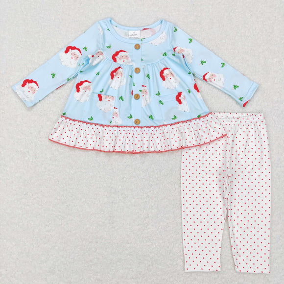 Santa Pockets Polka Dots Sky Blue Girls Christmas Outfits