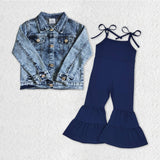 Denim Jacket Solid Navy Jumpsuit Girls Long Sleeve+Trousers Sets