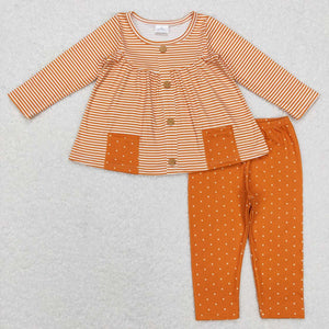 Stripe Pockets Polka Dots Brown Girls Long Sleeve+Trousers Sets