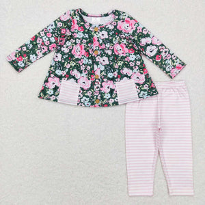 Floral Pockets Pink Stripe Girls Long Sleeve+Trousers Sets