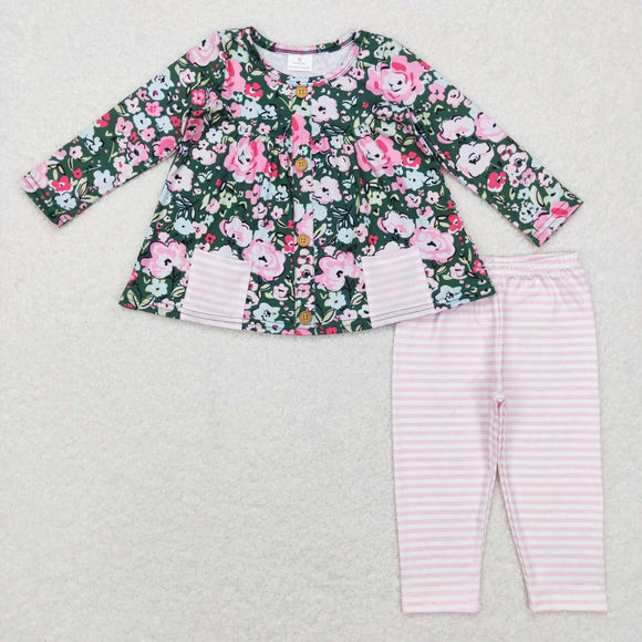 Floral Pockets Pink Stripe Girls Long Sleeve+Trousers Sets