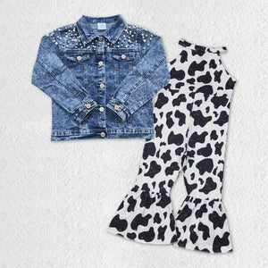 Pearl Denim Jacket Cow Print Jumpsuit Girls Long Sleeve+Trousers Sets