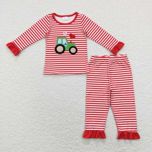 Heart Tractor Red Stripe Girls Valentines Pajamas