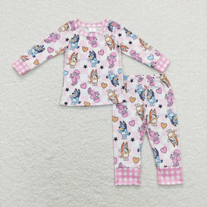 Cartoon Dogs Pink Plaid Girls Valentines Pajamas