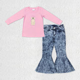 Bow Dog Pink Denim Girls Long Sleeve+Trousers Sets