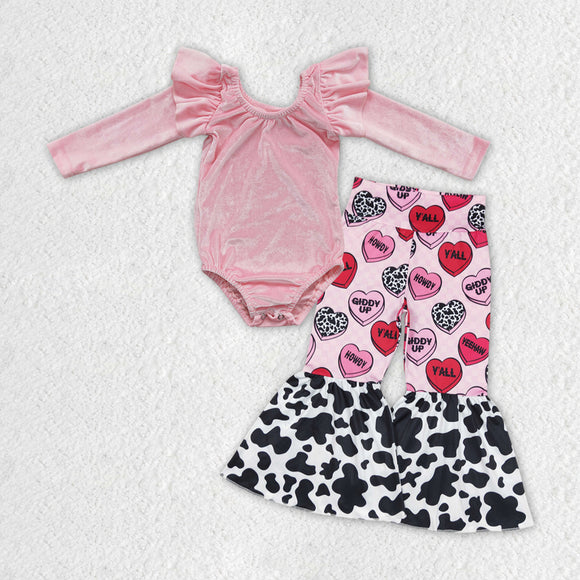 3-6M to 5-6T Velvet Pink Giddy Up Girls Valentines Romper Outfits