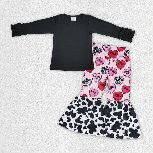 Solid Black Giddy Up Heart Pink Girls Valentines Outfits