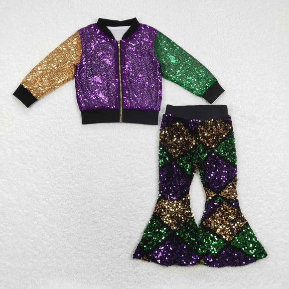Gold Purple Green Sequins Girls Mardi Gras Outfits
