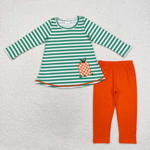 Pumpkin Green Stripe Orange Girls Long Sleeve+Trousers Sets