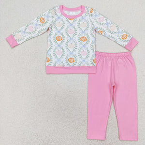 Pumpkin Leaves Bow Pattern Pink Girls Long Sleeve+Trousers Sets