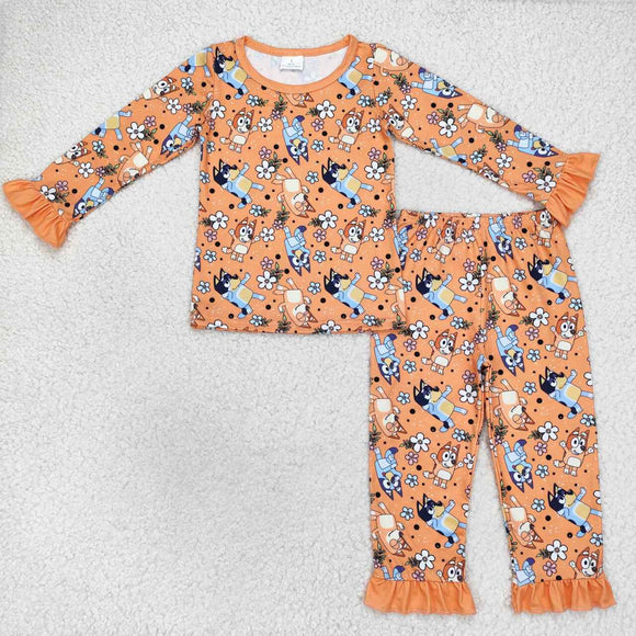 Cartoon Dogs Floral Orange Girls Long Sleeve Pajamas