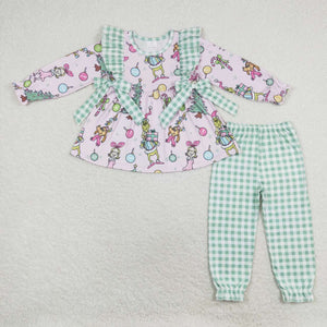 Cartoon Green Plaid Bows Pink Girls Christmas Outfits