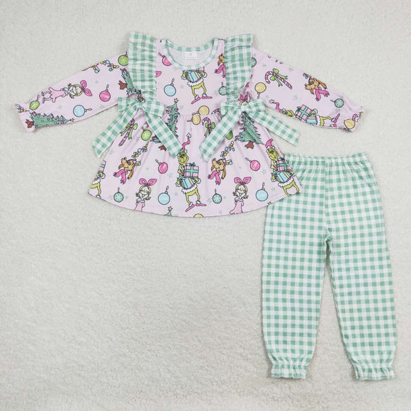 Cartoon Green Plaid Bows Pink Girls Christmas Outfits