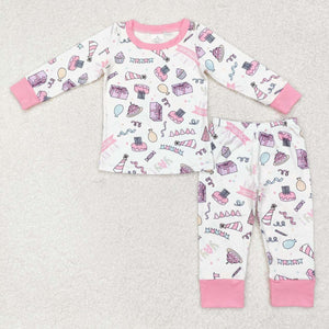 Happy Birthday Gift Pink White Girls Long Sleeve Pajamas