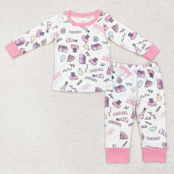 Happy Birthday Gift Pink White Girls Long Sleeve Pajamas