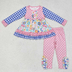 Floral Blue Plaid Dots Pink Ruffles Girls Long Sleeve+Trousers Sets