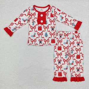 Bamboo Bow Pattern Gift Red Ruffles Girls Christmas Pajamas