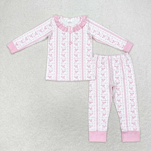 Bow Pattern Pink Ruffles White Girls Long Sleeve Pajamas