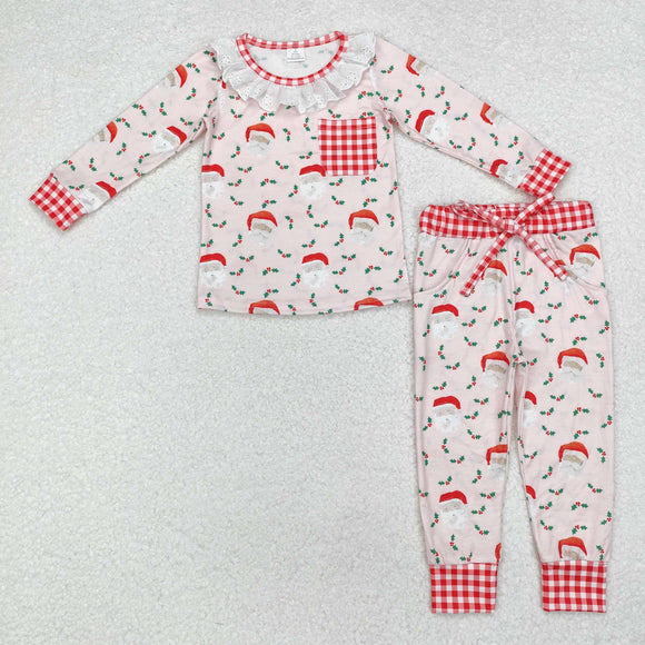 Bamboo Santa Red Plaid Pocket Lace Ruffles Pink Girls Christmas Pajamas