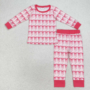 Bow Pattern Pink Girls Long Sleeve Pajamas