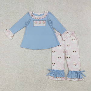 Santa Pink Ruffles Blue Girls Christmas Outfits