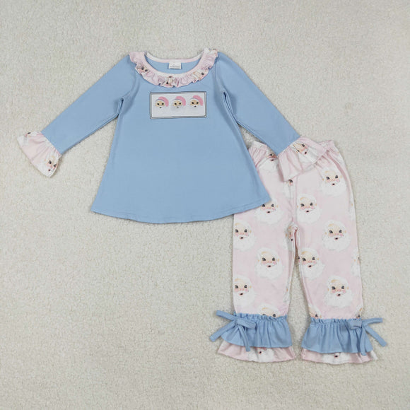 Santa Pink Ruffles Blue Girls Christmas Outfits