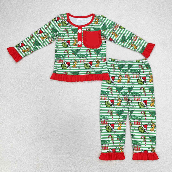 Cartoon Vibe Green Stripe Red Ruffles Girls Christmas Pajamas