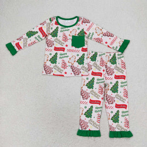 Happy Holidays Tree Cookie Green Ruffles Girls Christmas Pajamas