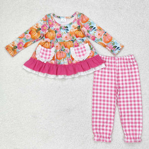 Pumpkin Floral Plaid Pockets Blue Girls Long Sleeve+Trousers Sets