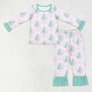 Bamboo Tree Bow Pattern Green Ruffles Pink Girls Christmas Pajamas