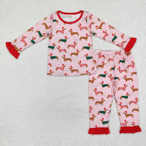 Bamboo Dogs Pink Red Girls Christmas Pajamas