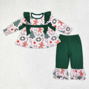 Gingerbread Green Bows Pink Girls Christmas Outfits