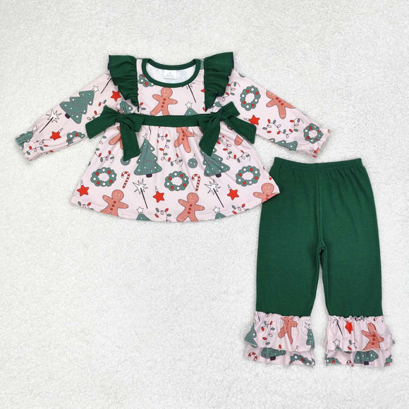 Gingerbread Green Bows Pink Girls Christmas Outfits