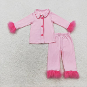 Solid Pink Furry Decoration Girls Long Sleeve Pajamas