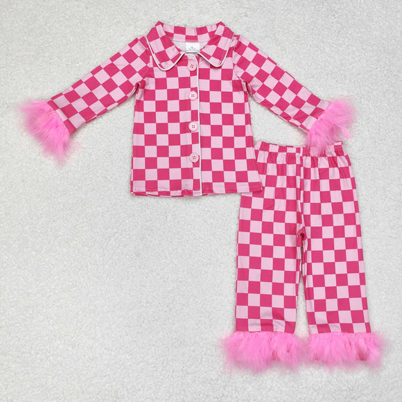 Plaid Hot Pink Furry Decoration Girls Long Sleeve Pajamas