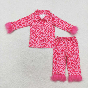 Leopard Print Hot Pink Furry Decoration Girls Long Sleeve Pajamas