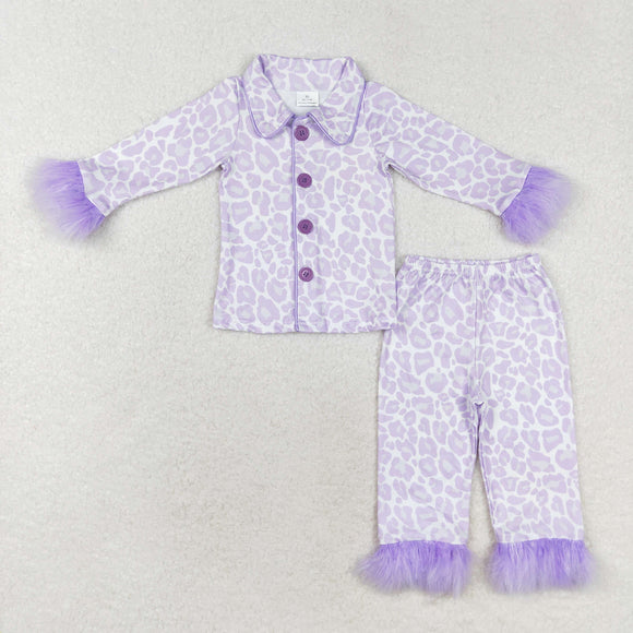 Leopard Print Hot Purple Furry Decoration Girls Long Sleeve Pajamas