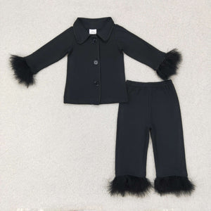 Solid Black Furry Decoration Girls Long Sleeve Pajamas