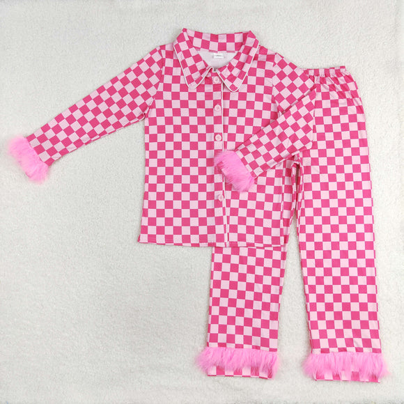 Mom Plaid Hot Pink Furry Decoration Adult Long Sleeve Pajamas