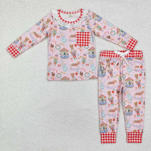 Bamboo Ballet Cartoon Plaid Pocket Lace Ruffles Pink Girls Christmas Pajamas