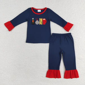 Train Believe Red Ruffles Navy Girls Christmas Pajamas