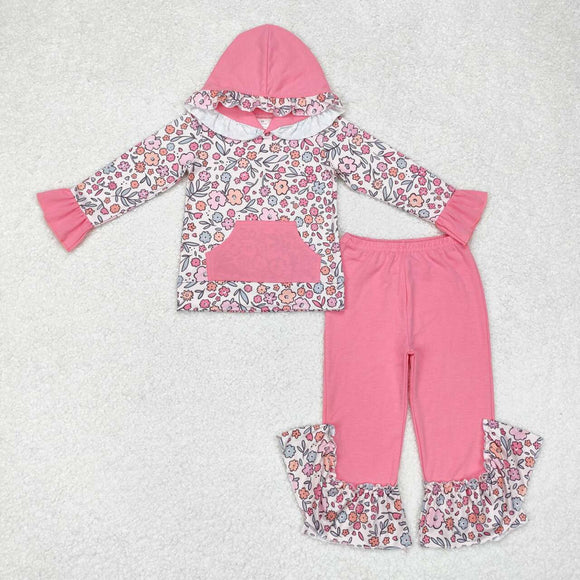 Floral Pink Pocket Girls Fall Hoodie Sets