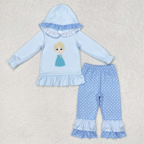 Cartoon Princess Polka Dots Blue Girls Fall Hoodie Sets