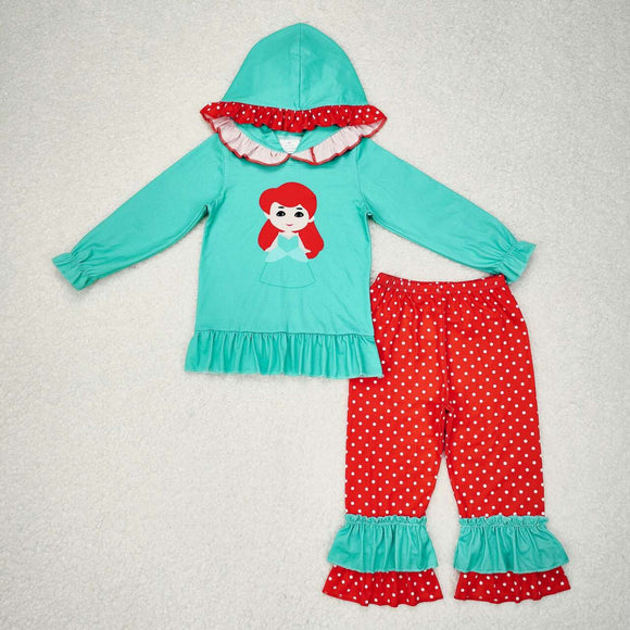 Cartoon Princess Polka Dots Blue Red Girls Fall Hoodie Sets