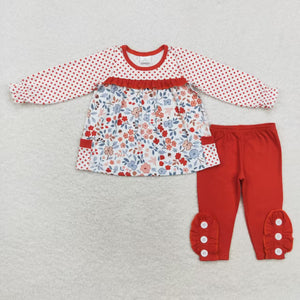 Floral Polka Dots Pockets Red Ruffles Girls Long Sleeve+Trousers Sets