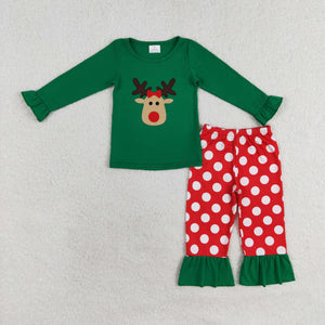 Reindeer Polka Dots Green Red Girls Christmas Pajamas