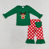 Reindeer Polka Dots Green Red Girls Christmas Pajamas