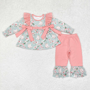 Floral Boots Pink Bows Green Girls Long Sleeve+Trousers Sets