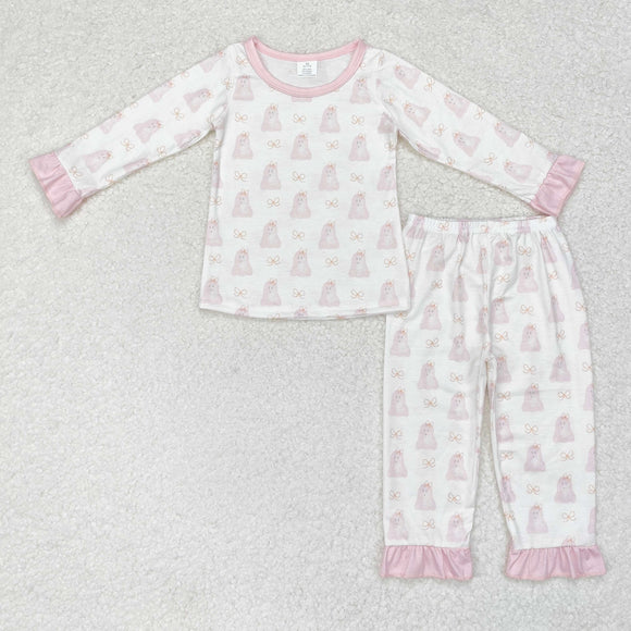 Bamboo Ghost Bow Pattern Pink Ruffles White Girls Halloween Pajamas